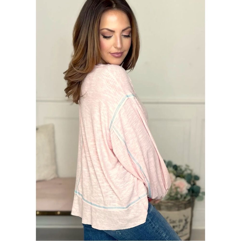 POL Blush Pink Ribbed Oversized Top Exposed Seam Pocket Boho Long Sleeve Med NEW - Picture 7 of 15